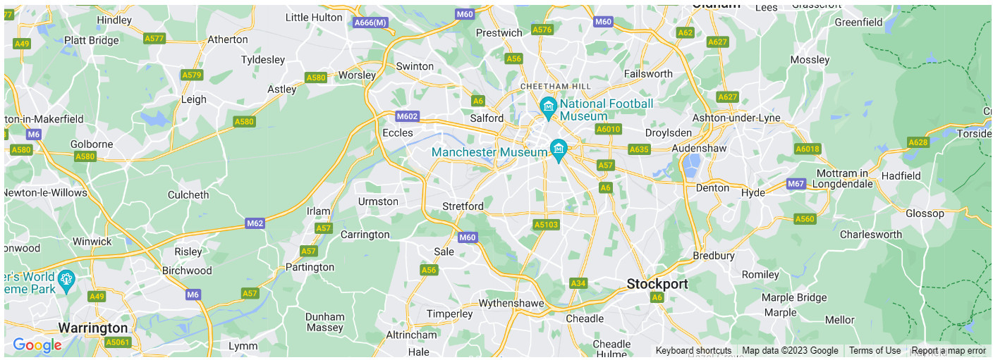 List of locations served by Innovix Ltd Electrical, including Electrician in Trafford, Sale, Altrincham, Manchester, Stockport, Bolton, Irlam, Wilmslow, Bury, and Lymm.