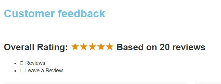 Customer feedback section showing an overall rating with 20 reviews an option to leave a review and an average star rating based on customer experiences